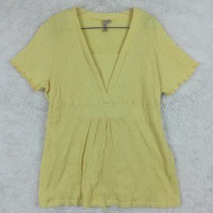 Susan Lawrence Womens Blouse Short‎ Sleeve V Neck Ruched Yellow Tie Waist 2X